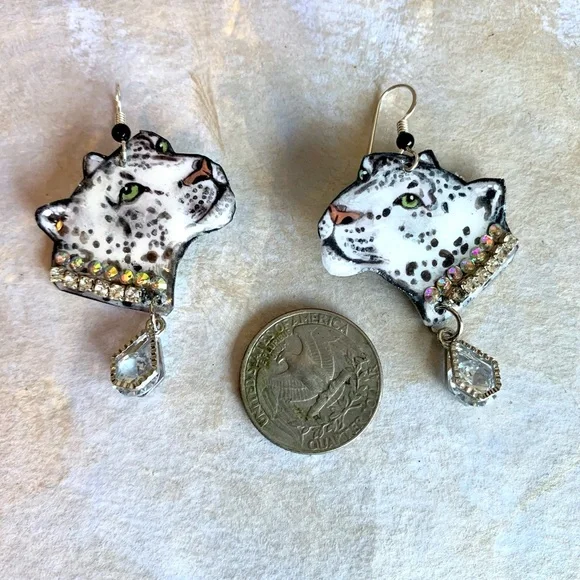 Handpainted snow leopard face earrings with rhinestones sterling wires big cats - Picture 6 of 7